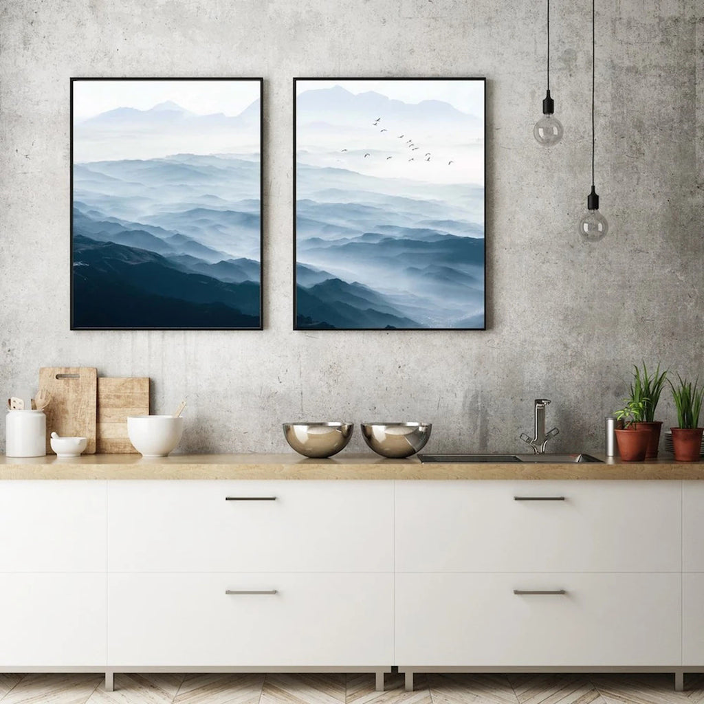 Wall Art 70cmx100cm Blue mountains 2 Sets Black Frame Canvas 3
