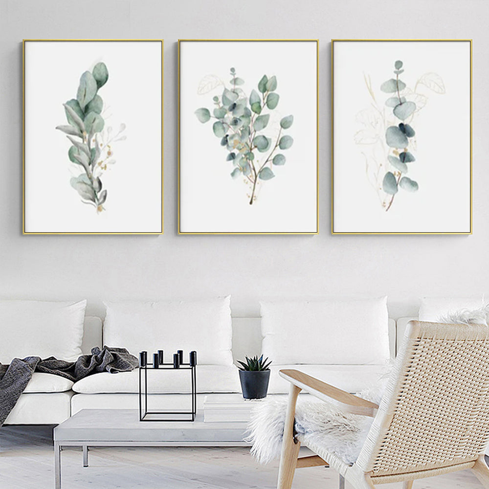 Wall Art 60cmx90cm Eucalyptus Plant 3 Sets Gold Frame Canvas 3