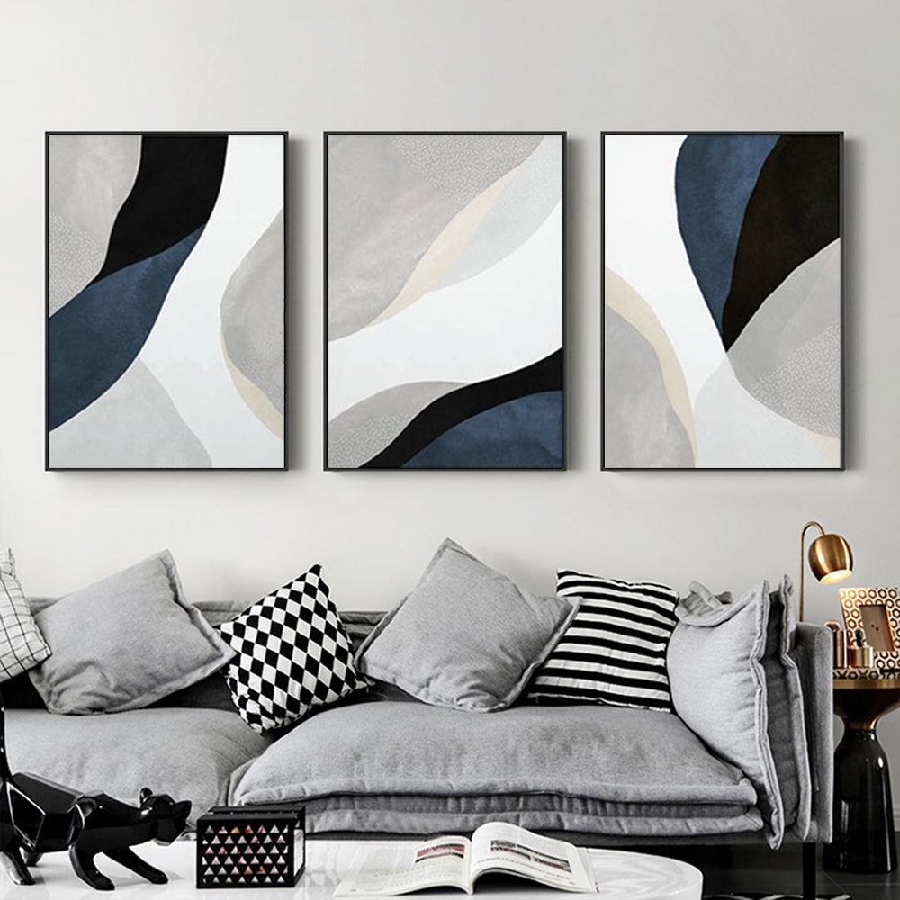 Wall Art 90cmx135cm Abstract Navy Blue 3 Sets Black Frame Canvas 3