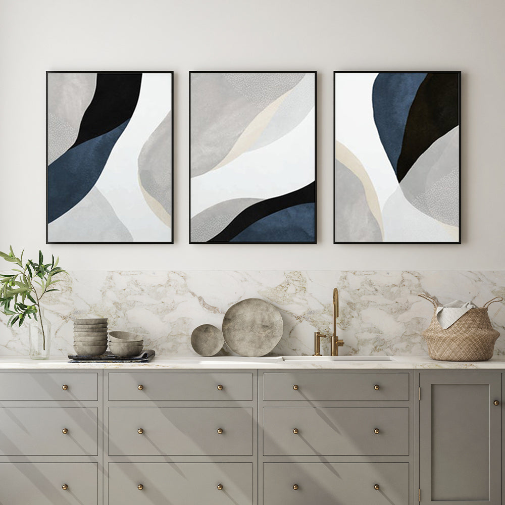 Wall Art 100cmx150cm Abstract Navy Blue 3 Sets Black Frame Canvas 4