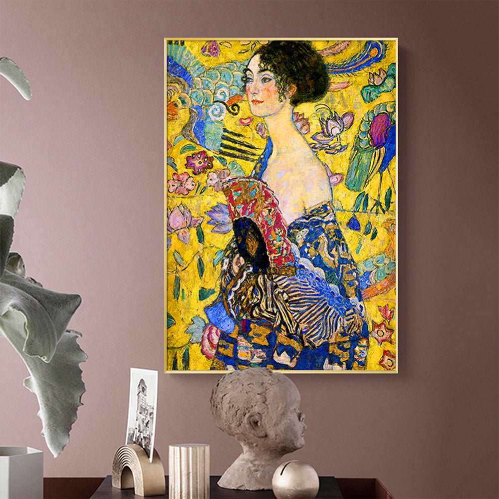 Wall Art 60cmx90cm Lady With A fan By Klimt Gold Frame Canvas 3