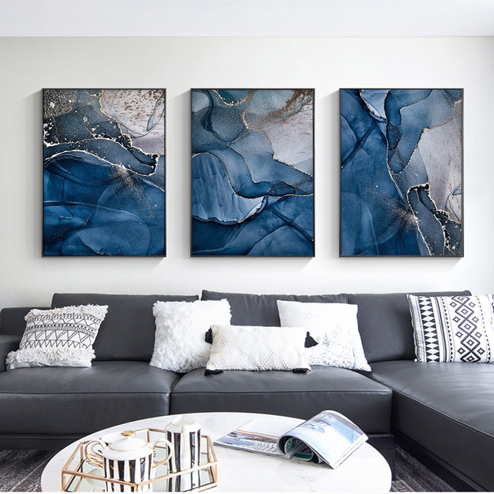 Wall Art 70cmx100cm Blue Gold Marble 3 Sets Black Frame Canvas 3