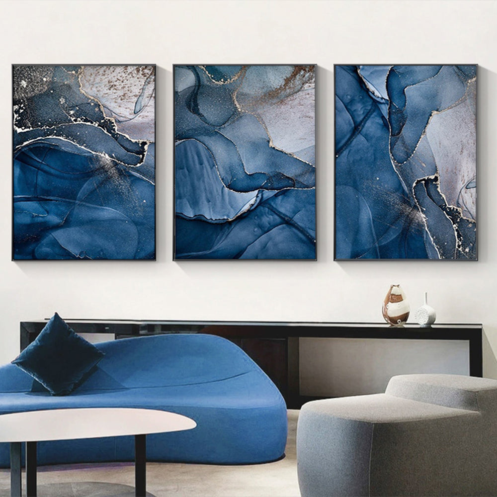 Wall Art 80cmx120cm Blue Gold Marble 3 Sets Black Frame Canvas 4