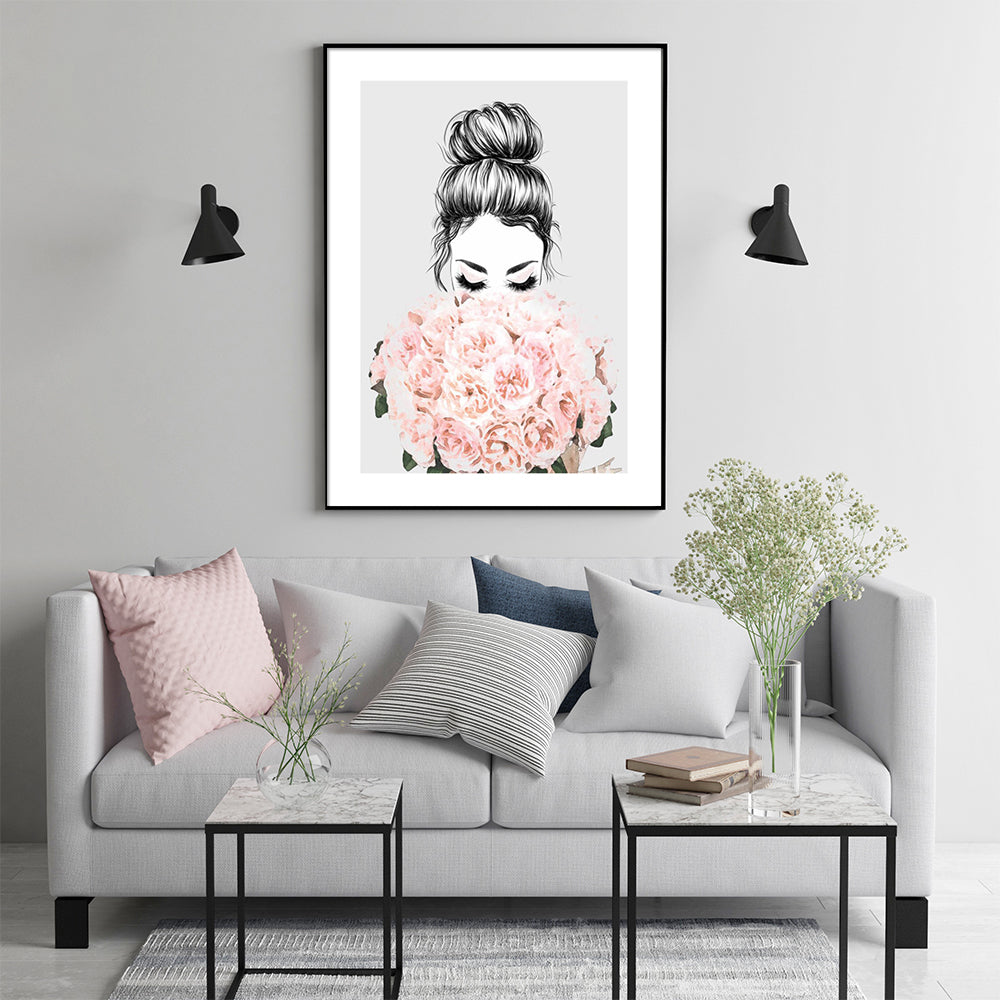 Wall Art 80cmx120cm Roses Girl Black Frame Canvas 3