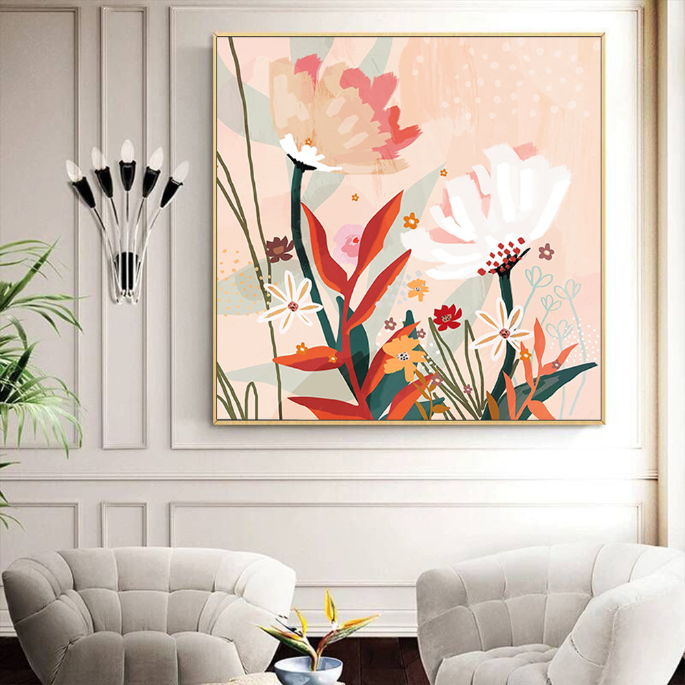 Wall Art 90cmx90cm Native Floral Gold Frame Canvas 3