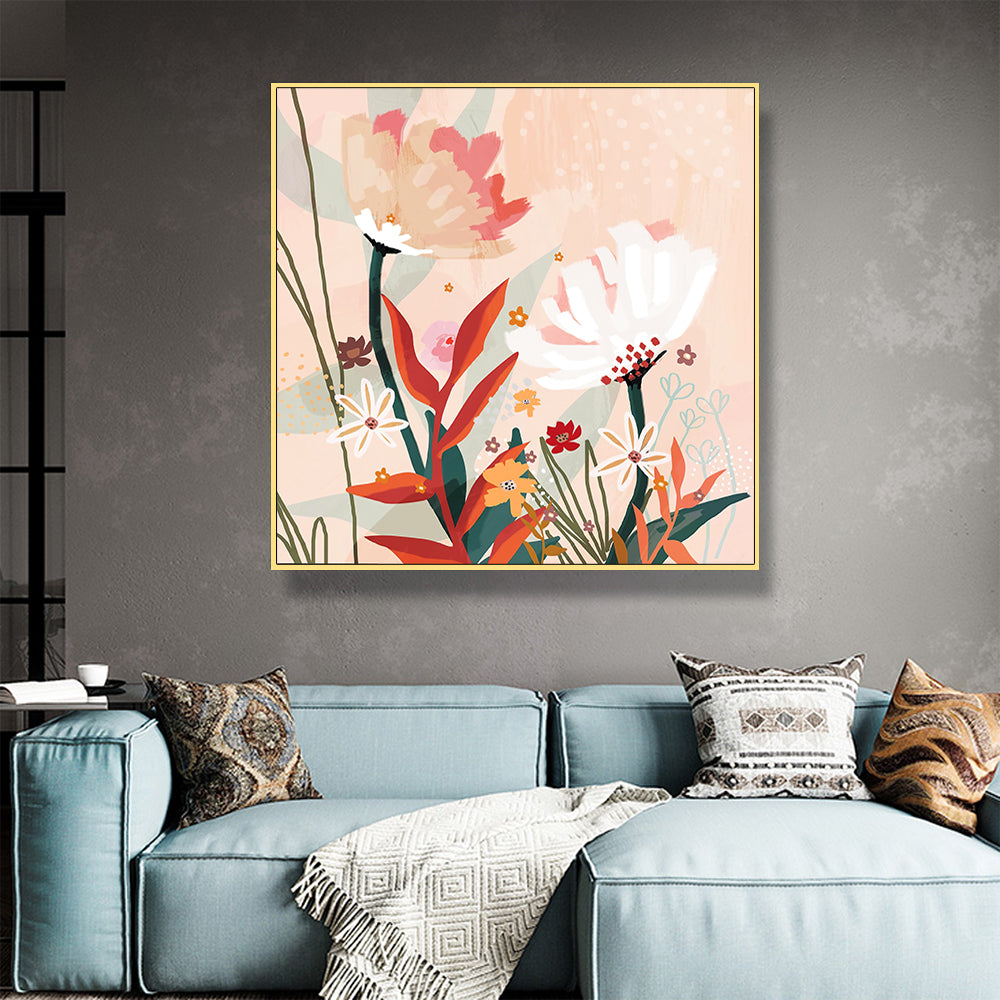 Wall Art 70cmx70cm Native Floral Gold Frame Canvas 4