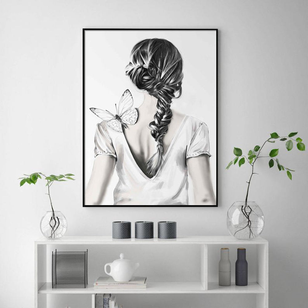 Wall Art 60cmx90cm Woman Back With Butterfly Black Frame Canvas 3