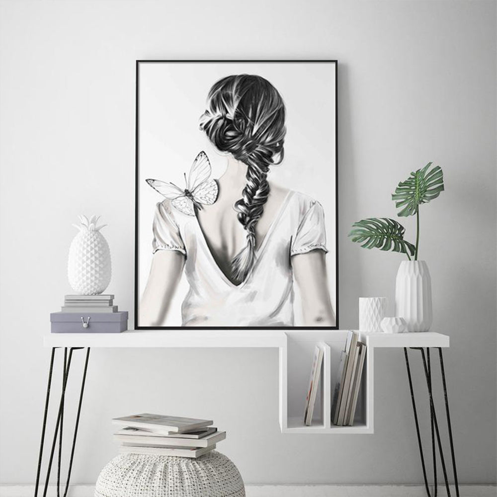 Wall Art 80cmx120cm Woman Back With Butterfly Black Frame Canvas 4