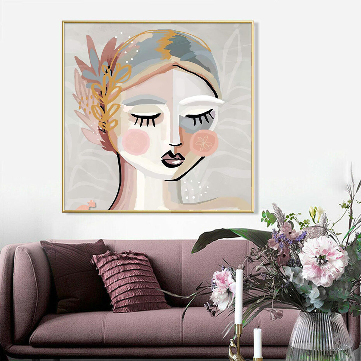 Wall Art 70cmx70cm Calm Girl Gold Frame Canvas 4