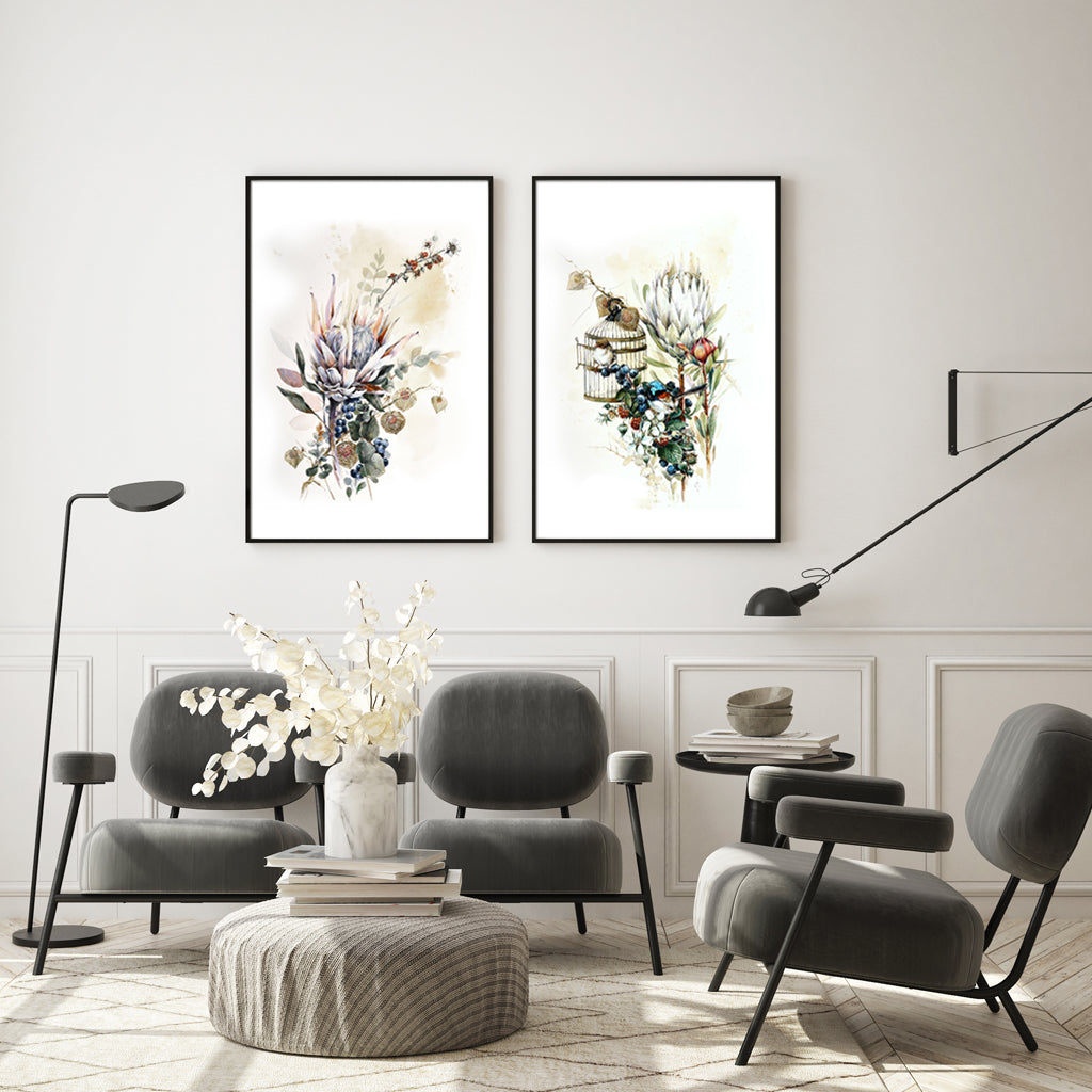 Wall Art 40cmx60cm Berries And Protea 2 Sets Black Frame Canvas 3