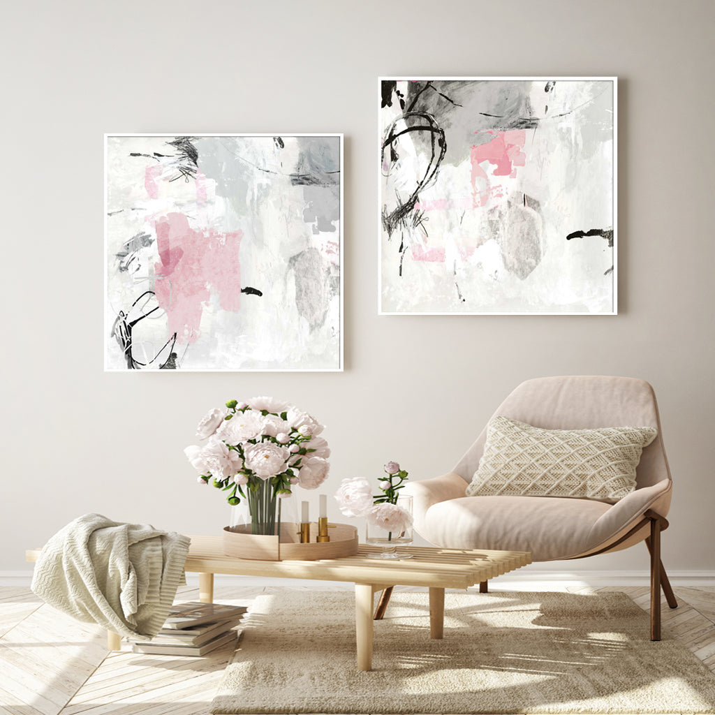 Wall Art 100cmx100cm Abstract Pink Grey 2 Sets White Frame Canvas 3