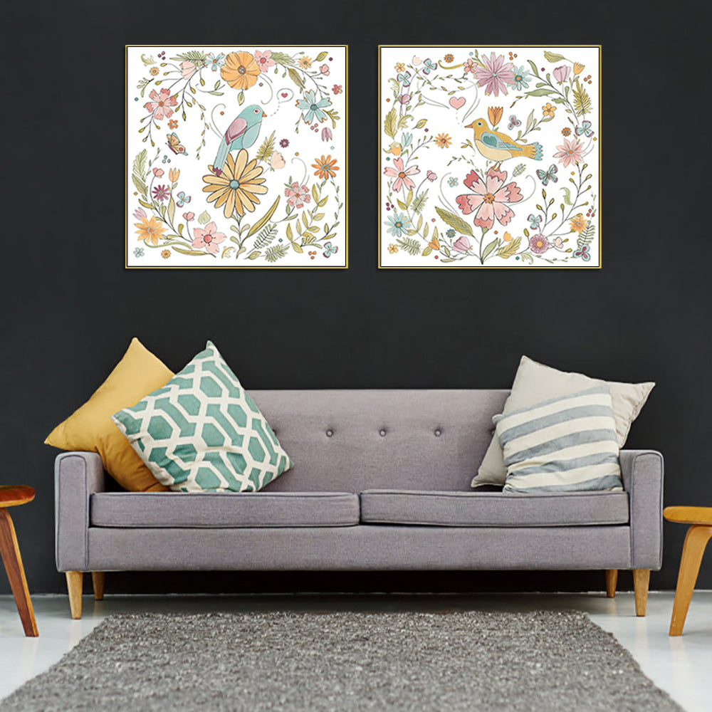 Wall Art 100cmx100cm Floral birds 2 Sets Gold Frame Canvas 3