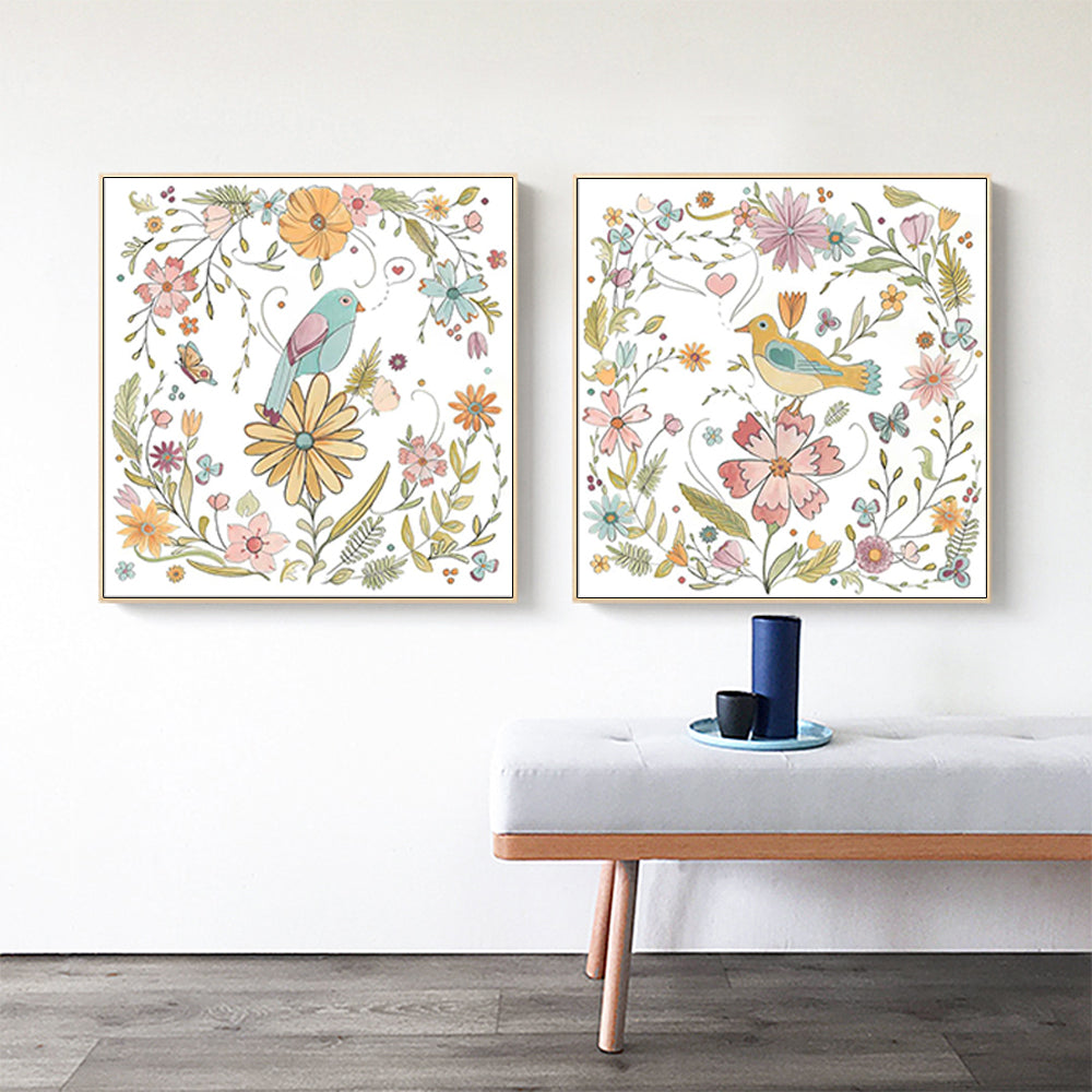Wall Art 60cmx60cm Floral birds 2 Sets Gold Frame Canvas 4