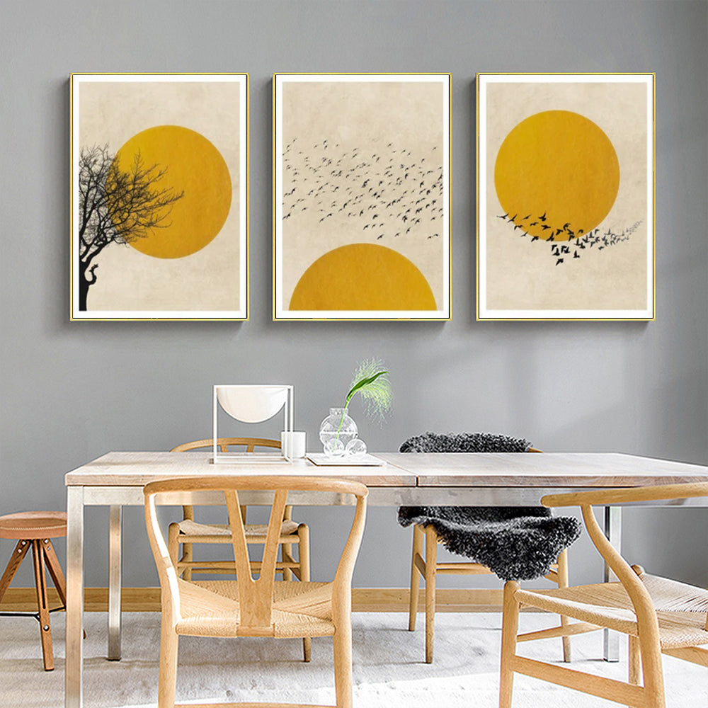 Wall Art 60cmx90cm Flock Of Birds Sun Silhouette 3 Sets Gold Frame Canvas 3