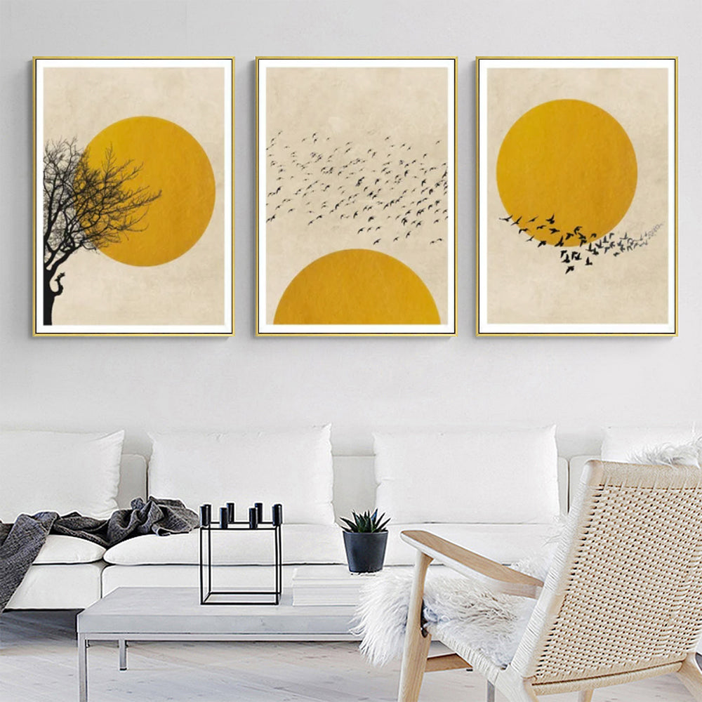Wall Art 60cmx90cm Flock Of Birds Sun Silhouette 3 Sets Gold Frame Canvas 4