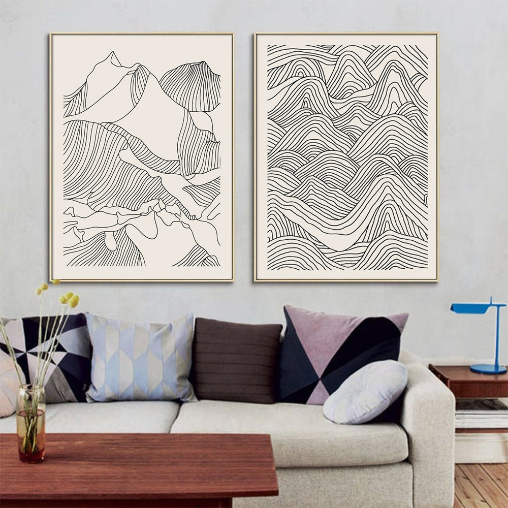 Wall Art 60cmx90cm Line Art Mountain 2 Sets Gold Frame Canvas 3