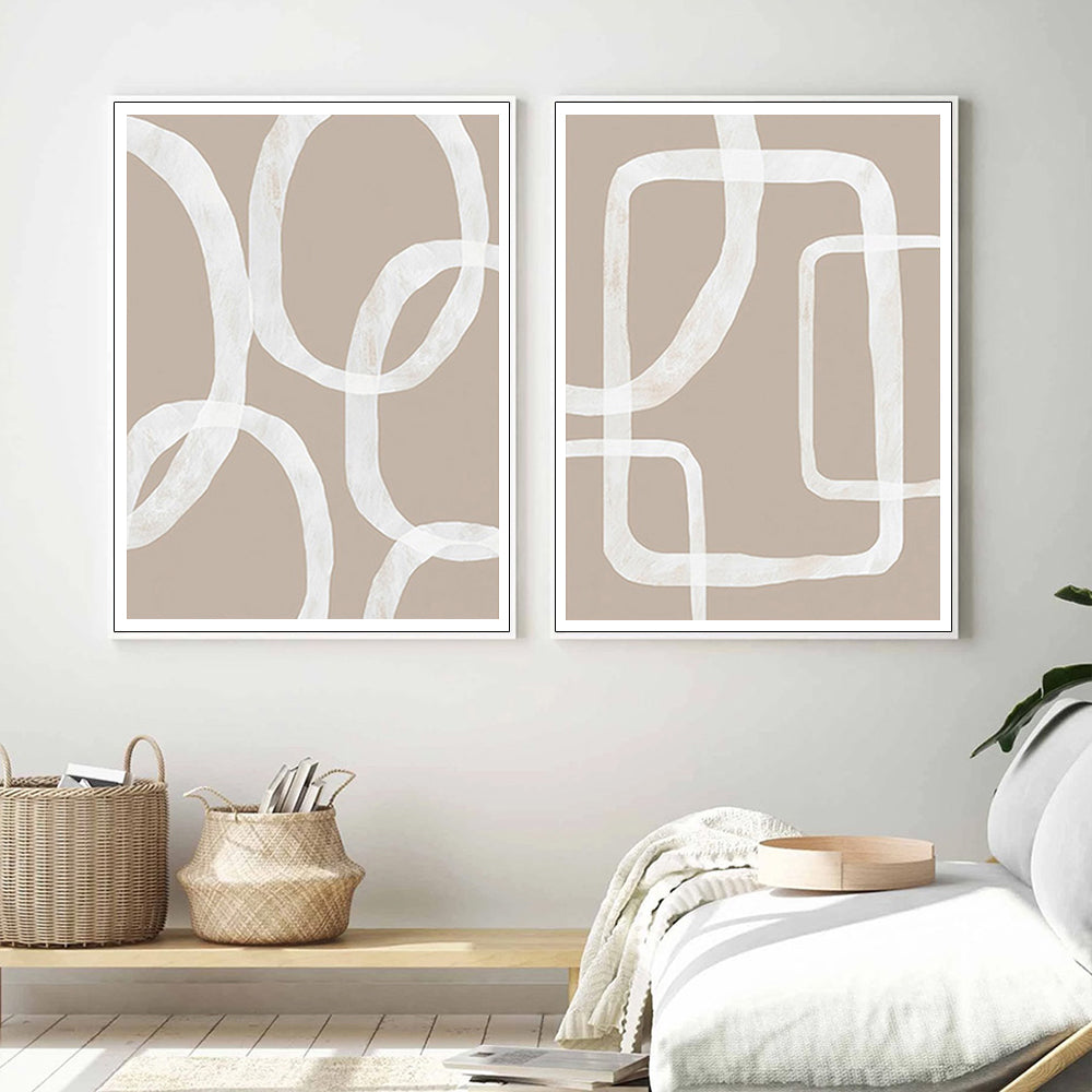 Wall Art 70cmx100cm Abstract White Lines 2 Sets White Frame Canvas 3