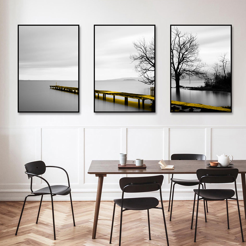 Wall Art 70cmx100cm Calm Lake Bridge Tree Scene 3 Sets Black Frame Canvas 3