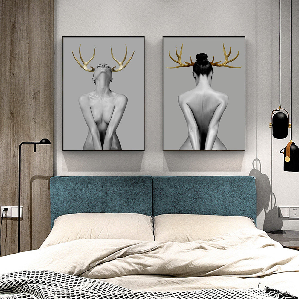 Wall Art 40cmx60cm Girl With Gold Horn 2 Sets Black Frame Canvas 3