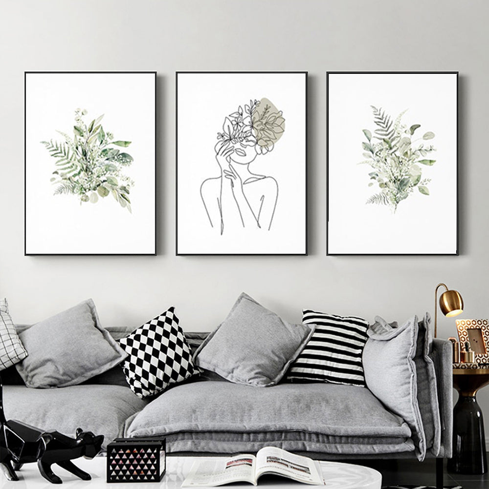 Wall Art 80cmx120cm Botanical Line Girl 3 Sets Black Frame Canvas 3
