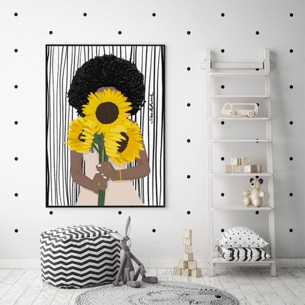 Wall Art 60cmx90cm African Woman Sunflower Black Frame Canvas 3