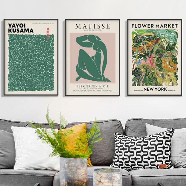 Wall Art 90cmx135cm Flower Market, Matisse Print, Yayoi Kusama 3 Sets Black Frame Canvas 4