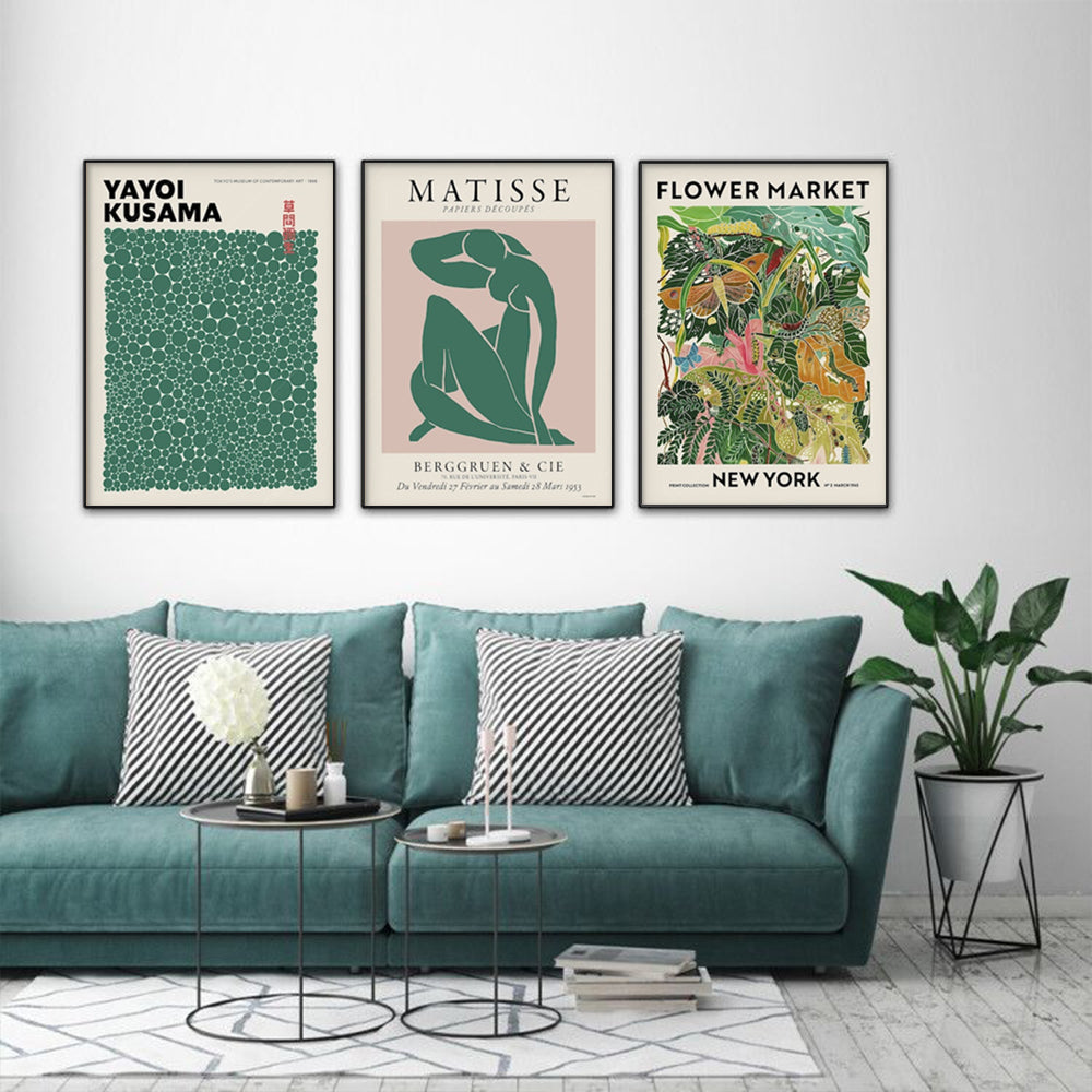 Wall Art 50cmx70cm Flower Market, Matisse Print, Yayoi Kusama 3 Sets Black Frame Canvas 3