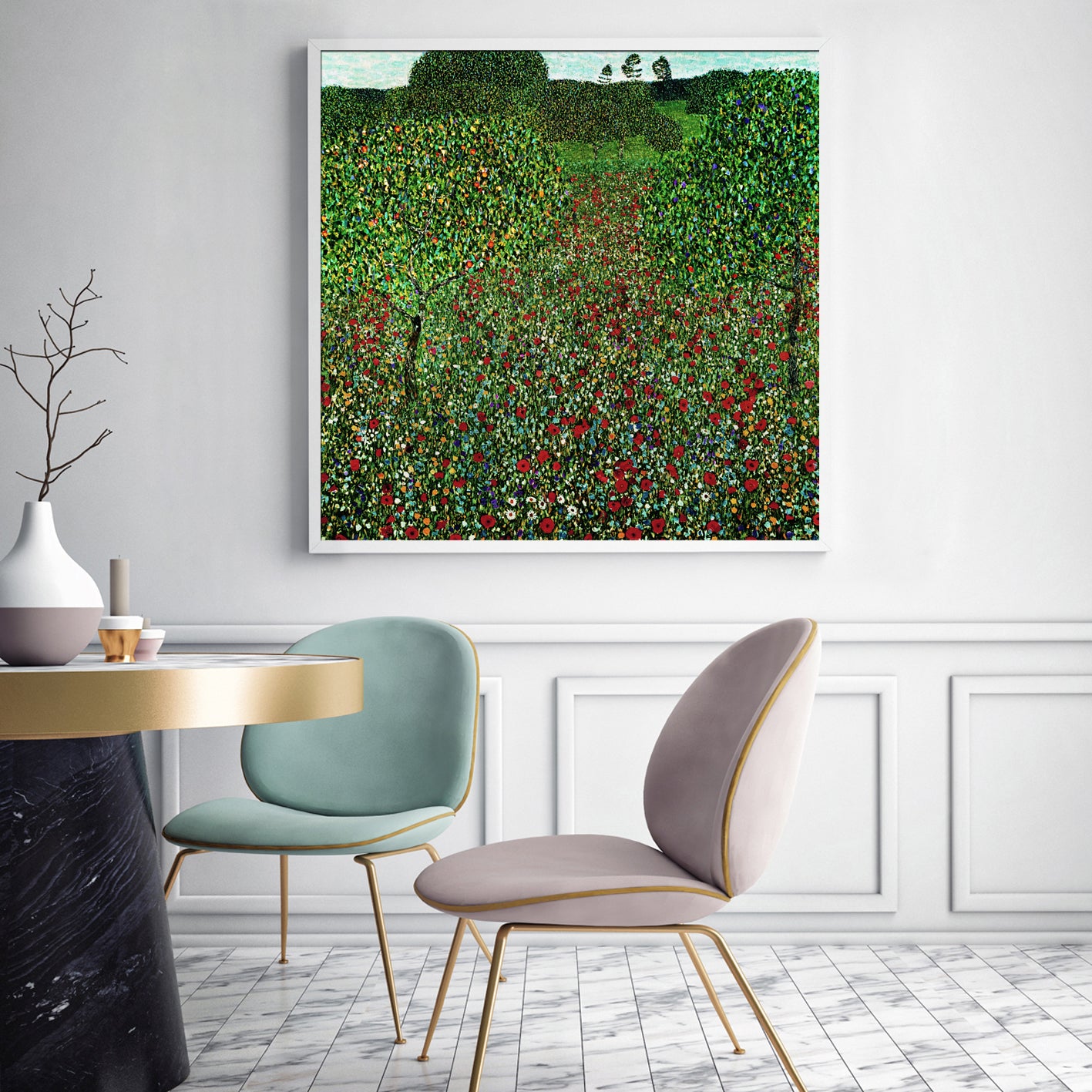 Wall Art 40cmx40cm Field of Poppies by Gustav Klimt White Frame Canvas 3