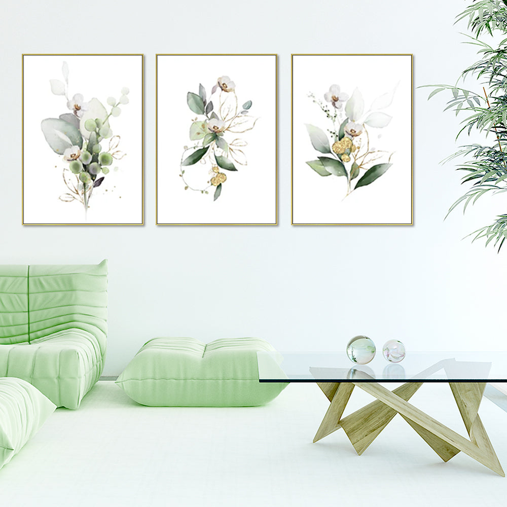 Wall Art 40cmx60cm Green and Gold Watercolor Botanical 3 Sets Gold Frame Canvas 3