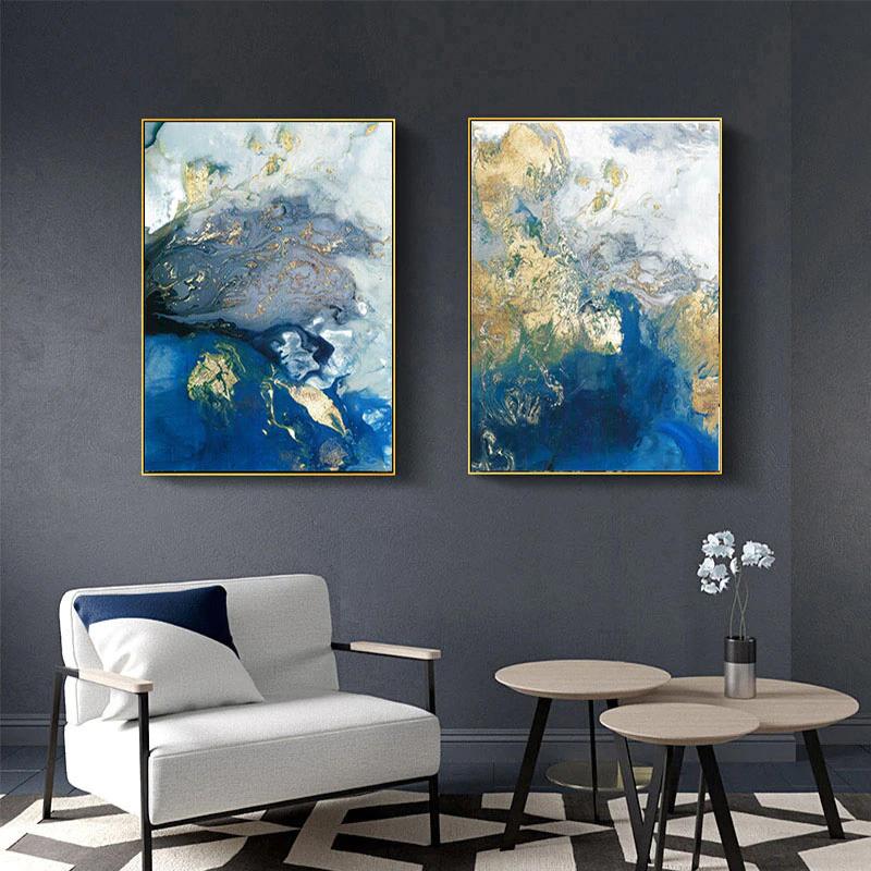 Wall Art 40cmx60cm  Marbled Blue And Gold 2 Sets Gold Frame Canvas 3