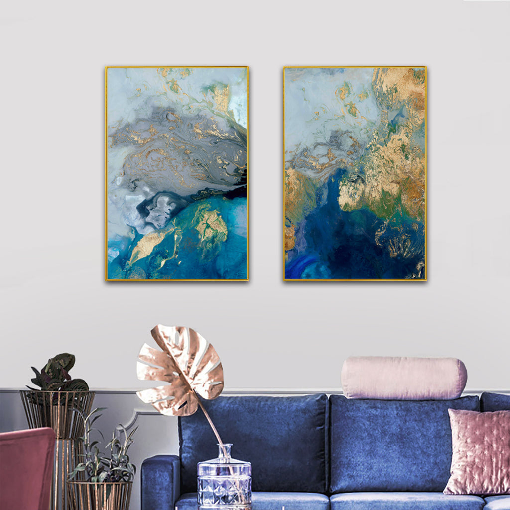 Wall Art 40cmx60cm  Marbled Blue And Gold 2 Sets Gold Frame Canvas 4