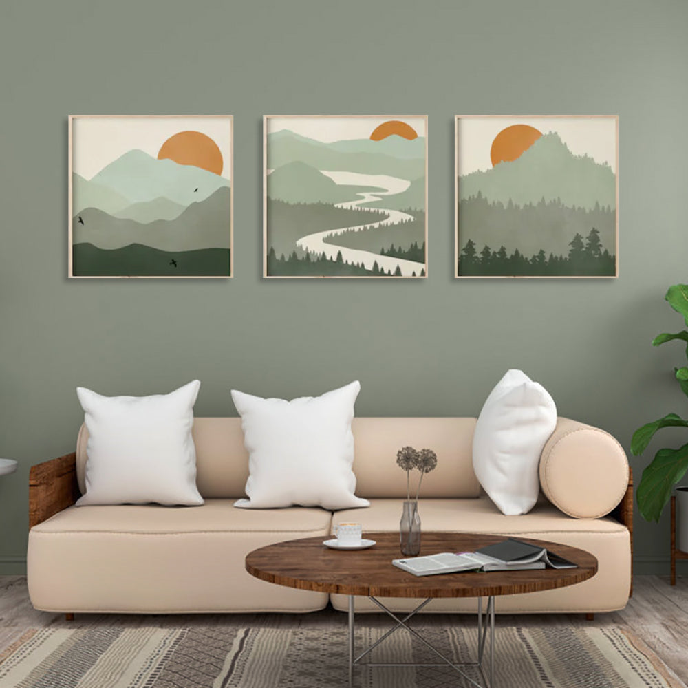 Wall Art 70cmx70cm Sage Green Landscapes 3 Sets Wood Frame Canvas 3