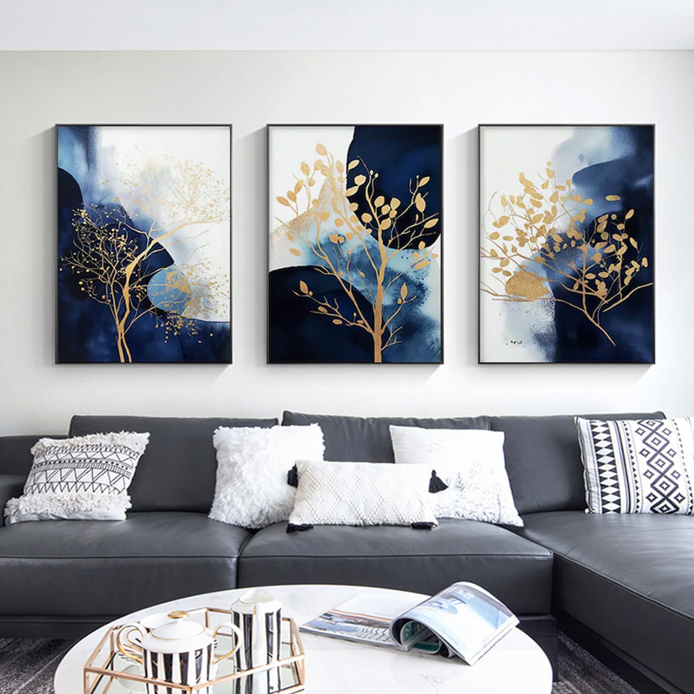 Wall Art 60cmx90cm Navy and Gold Watercolor Shapes 3 Sets Black Frame Canvas 3
