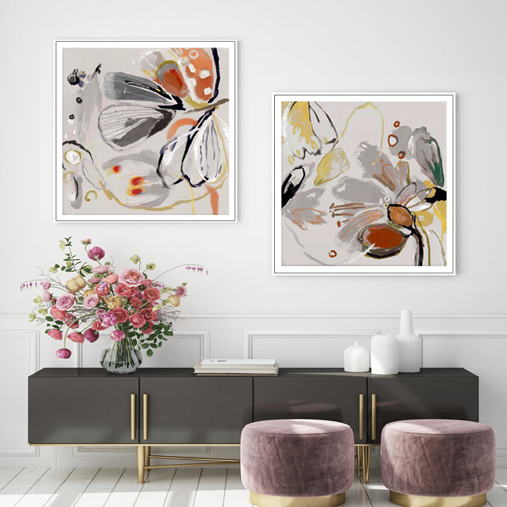Wall Art 90cmx90cm Blooming Spring Floral 2 Sets White Frame Canvas 3