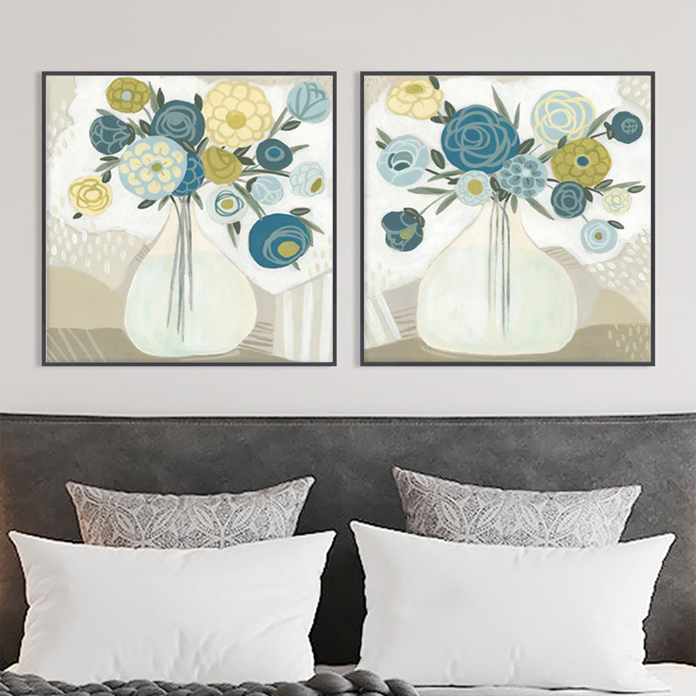 Wall Art 70cmx70cm Blue Bouquet 2 Sets Black Frame Canvas 3