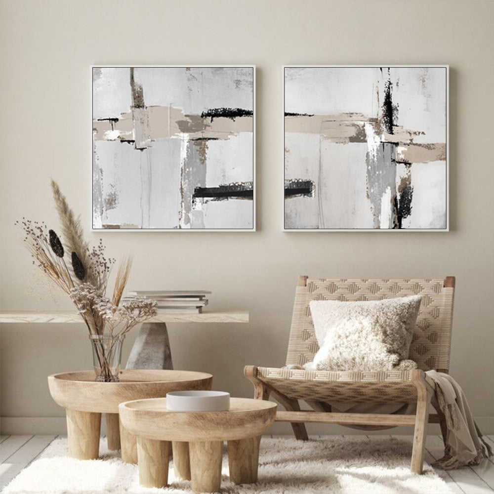 Wall Art 90cmx90cm Neutral Abstract 2 Sets White Frame Canvas 3
