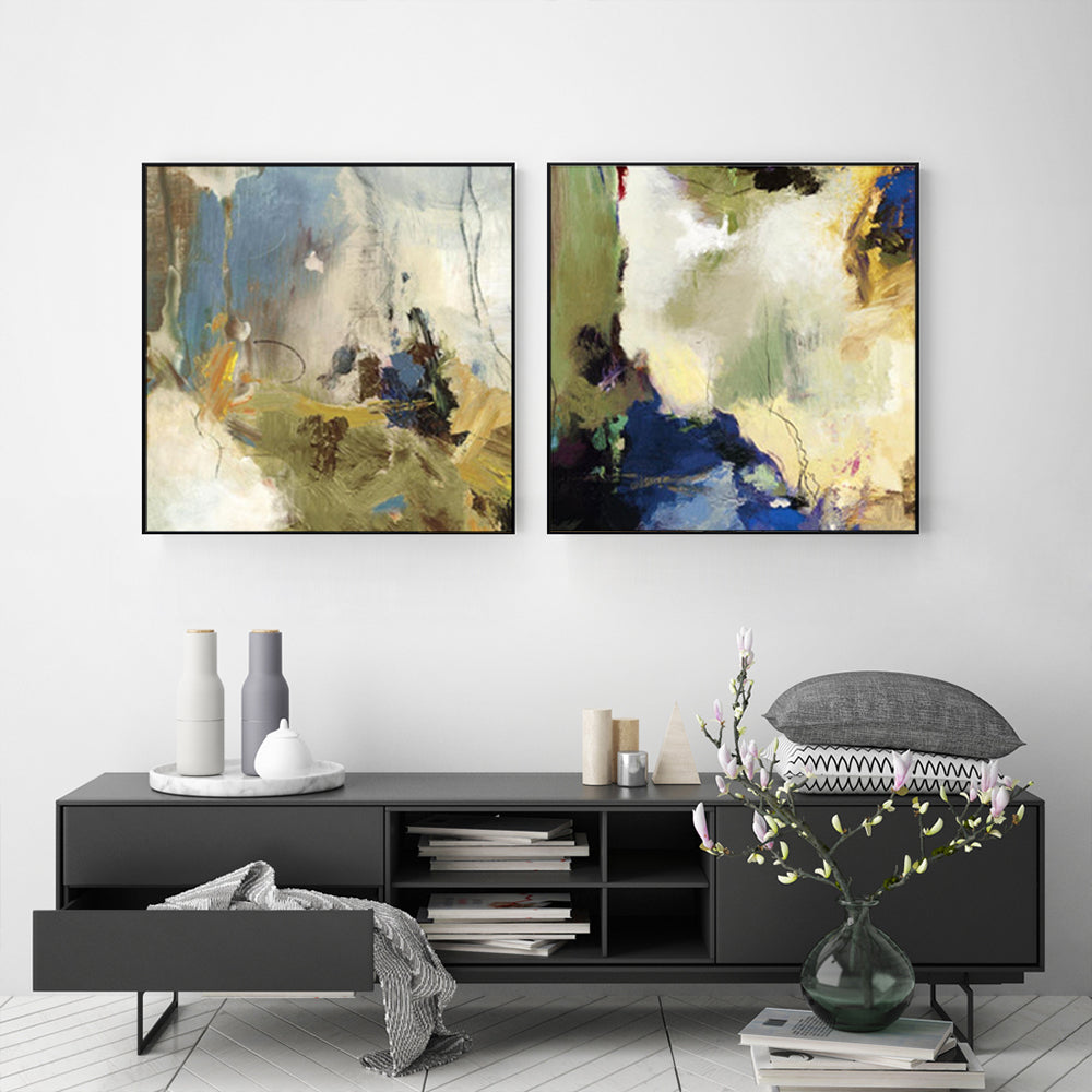 Wall Art 90cmx90cm Abstract Blue 2 Sets Black Frame Canvas 3