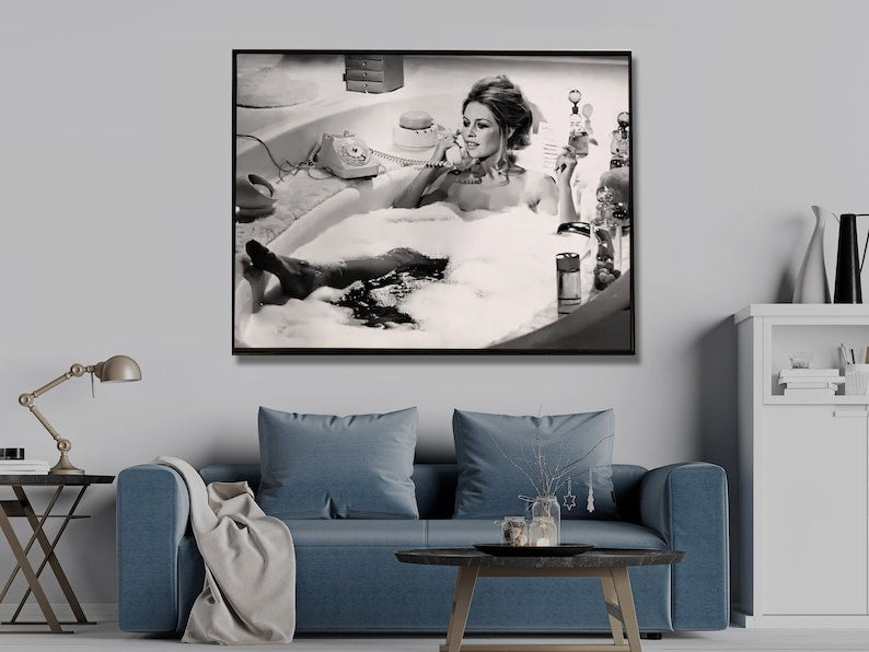 Wall Art 40cmx60cm Brigitte Bardot In the bath poster, Black Frame Canvas 3