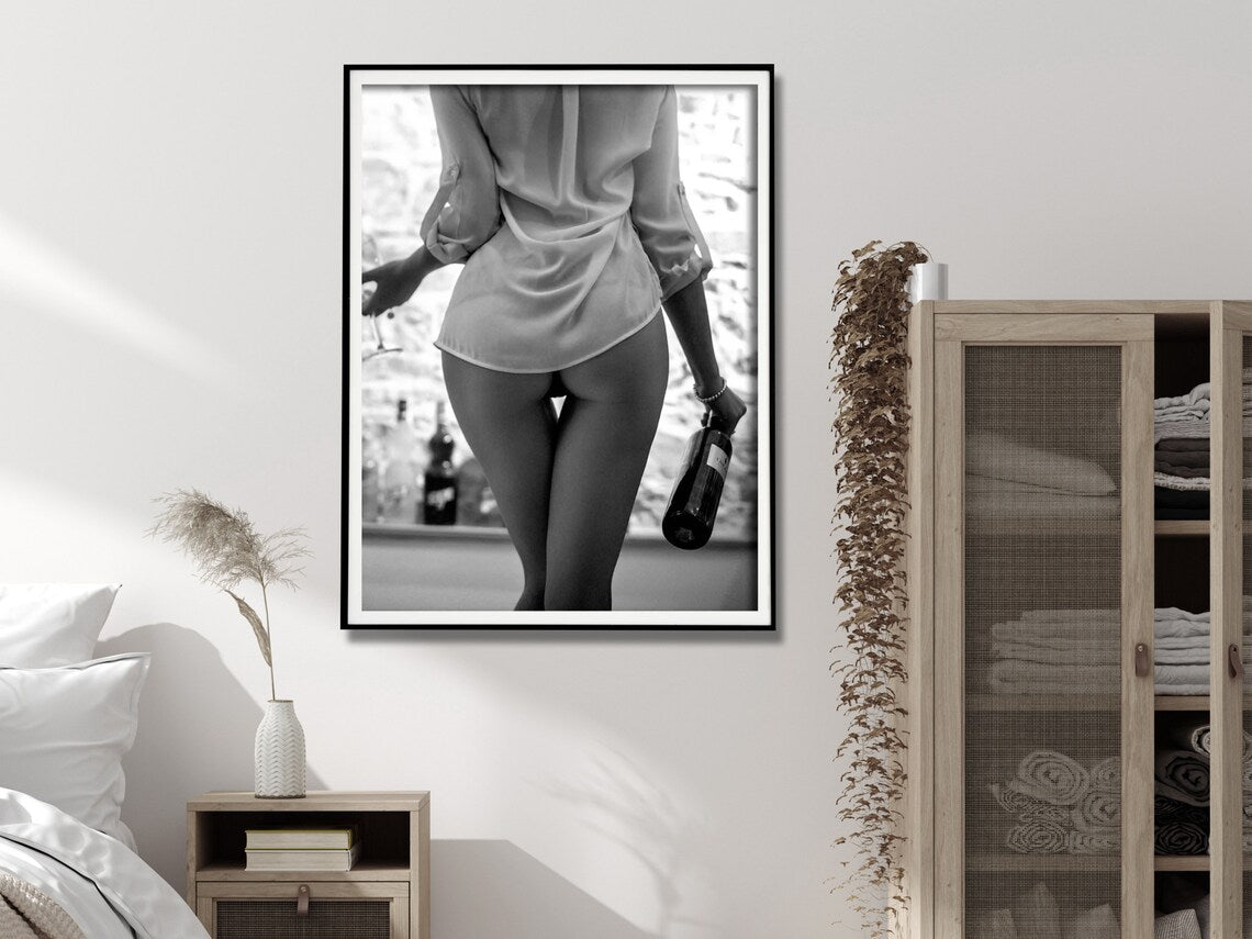 Wall Art 80cmx120cm Woman Drinking Wine , Black and White, Black Frame Canvas 3