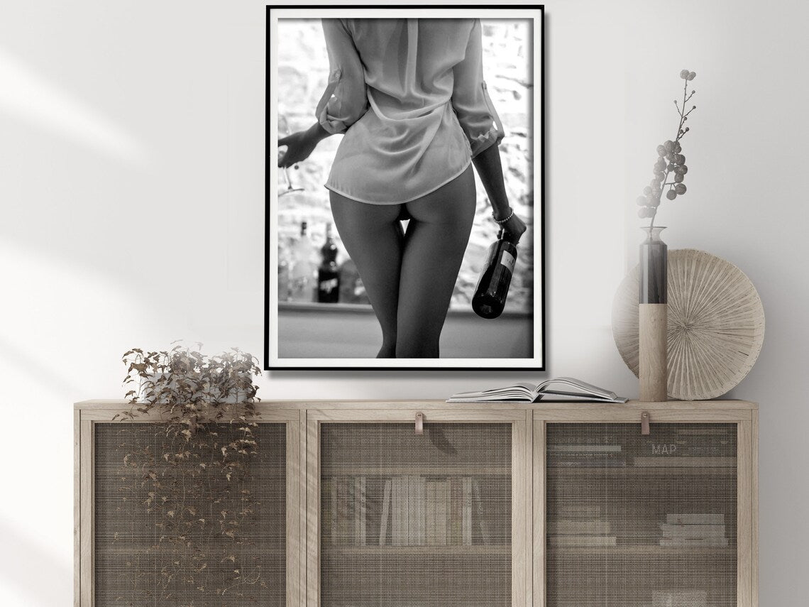 Wall Art 80cmx120cm Woman Drinking Wine , Black and White, Black Frame Canvas 4