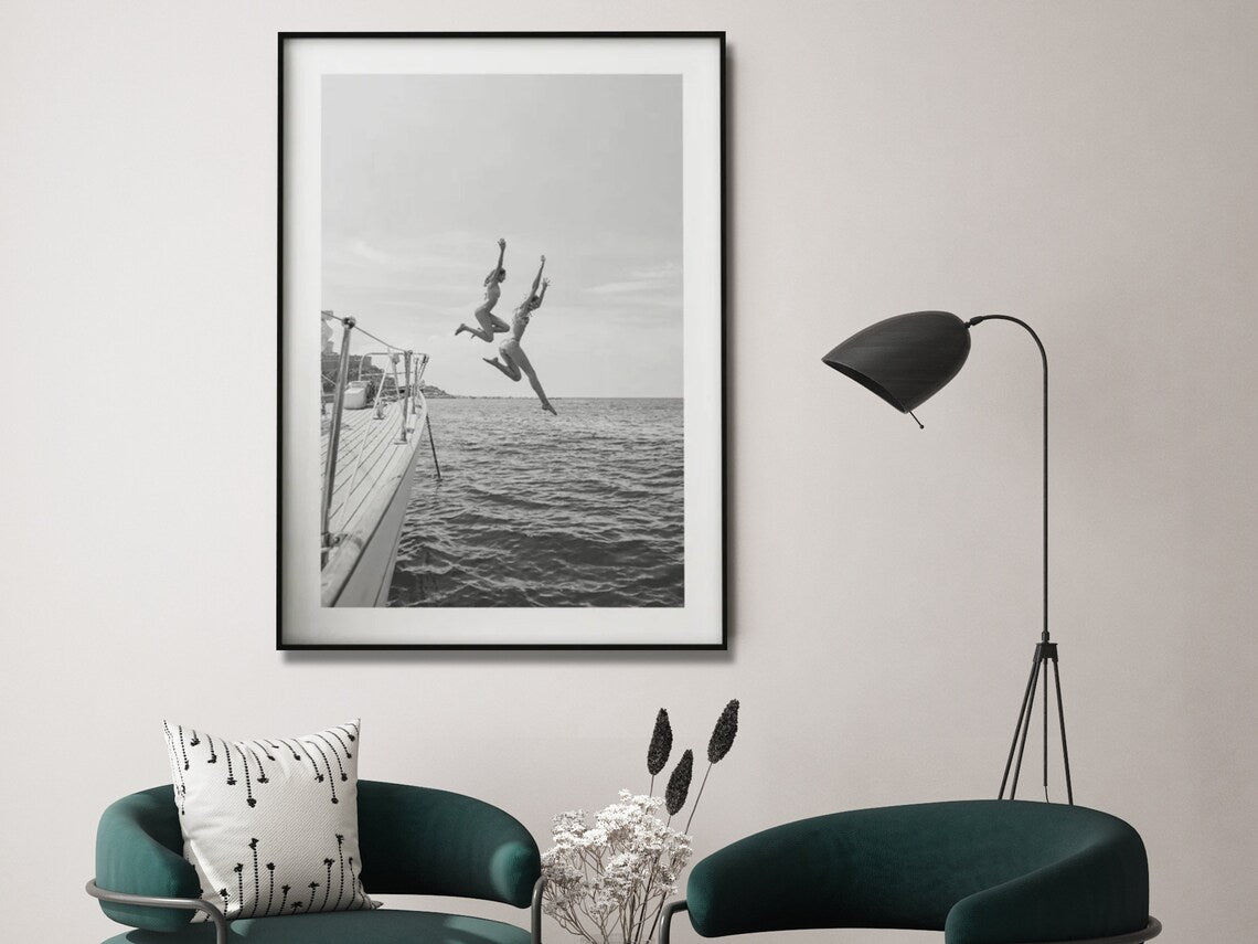 Wall Art 60cmx90cm Black and White Ocean Jump, Black Frame Canvas 4