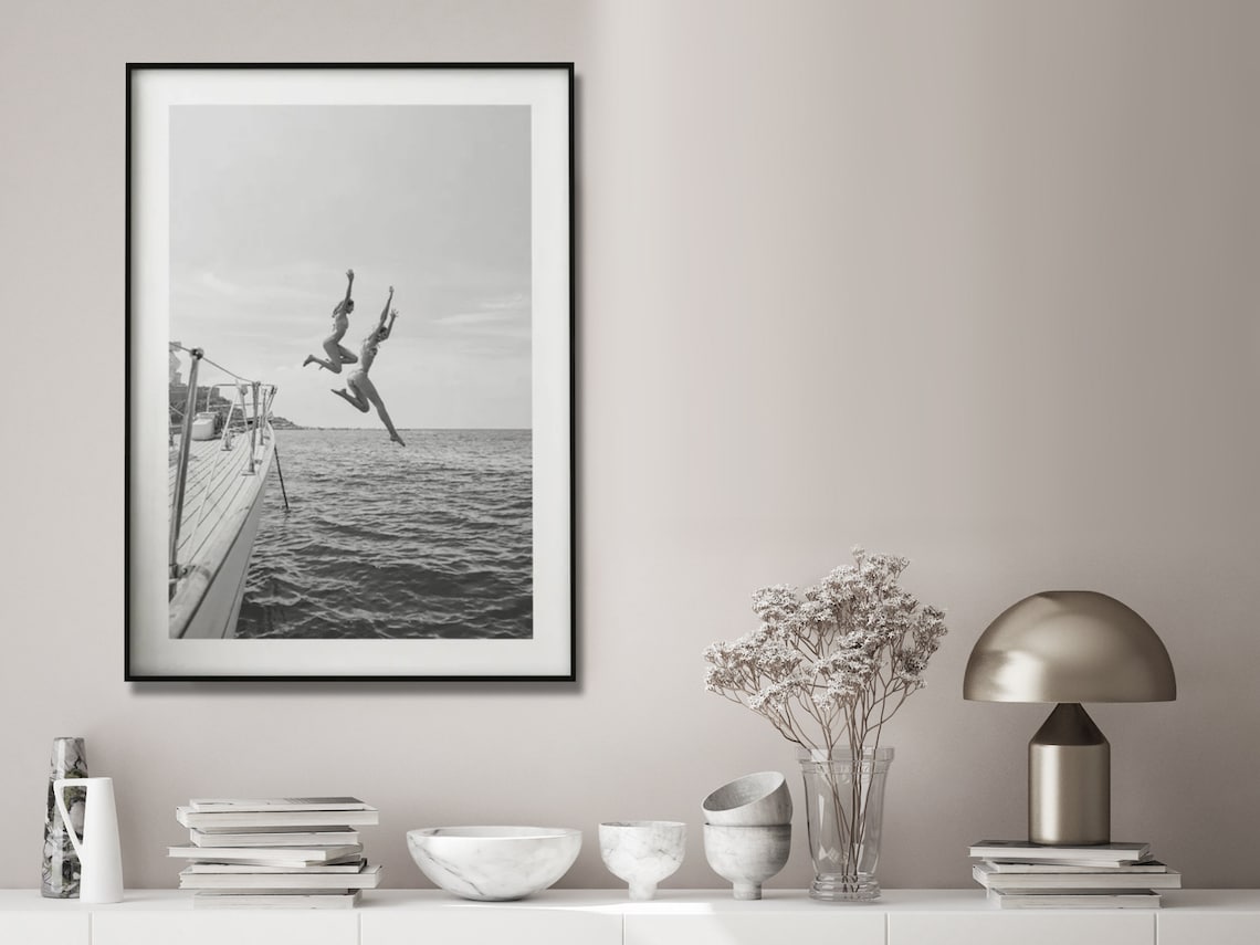 Wall Art 100cmx150cm Black and White Ocean Jump, Black Frame Canvas 3