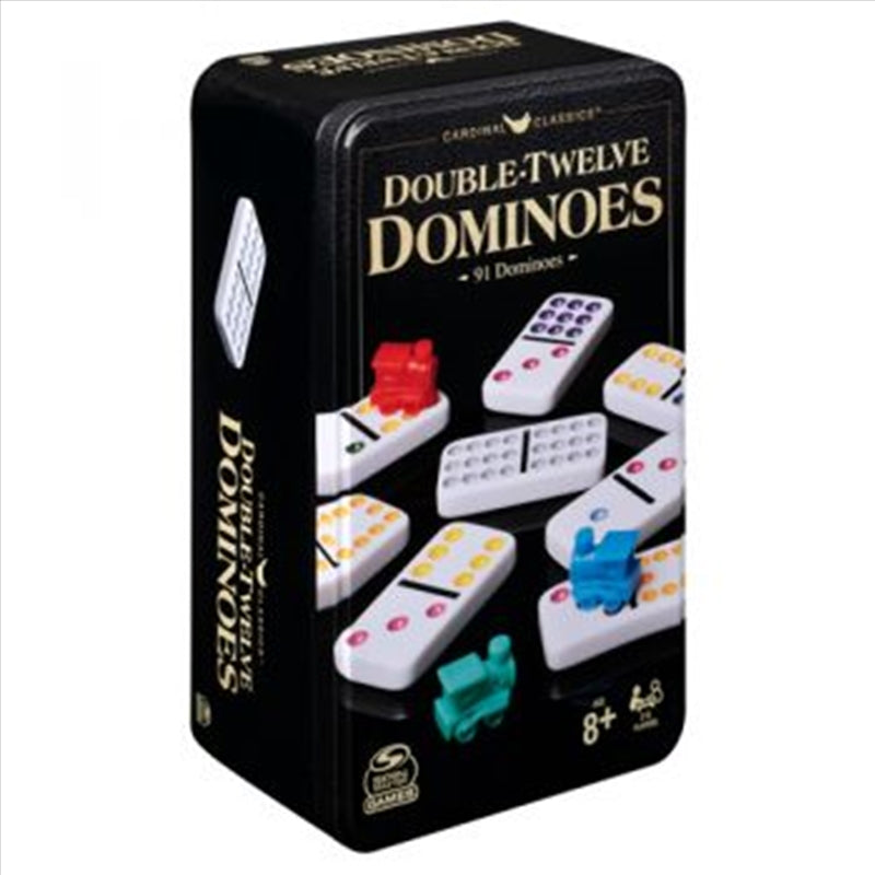 Classic Double 12 Coloured Dominoes with Mexican Train in Tin