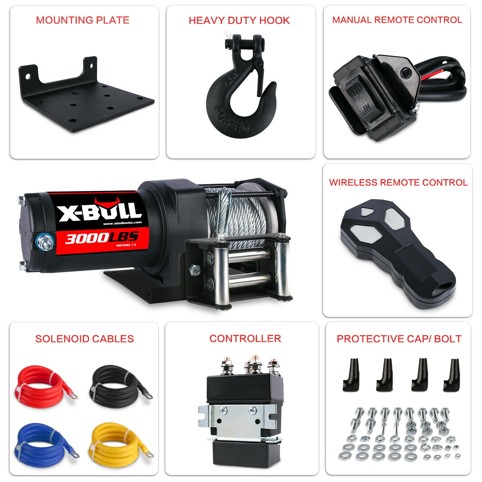 X-BULL Electric Winch 12V 3000LBS Steel Cable Wireless remote ATV UTV Boat Trailer 3