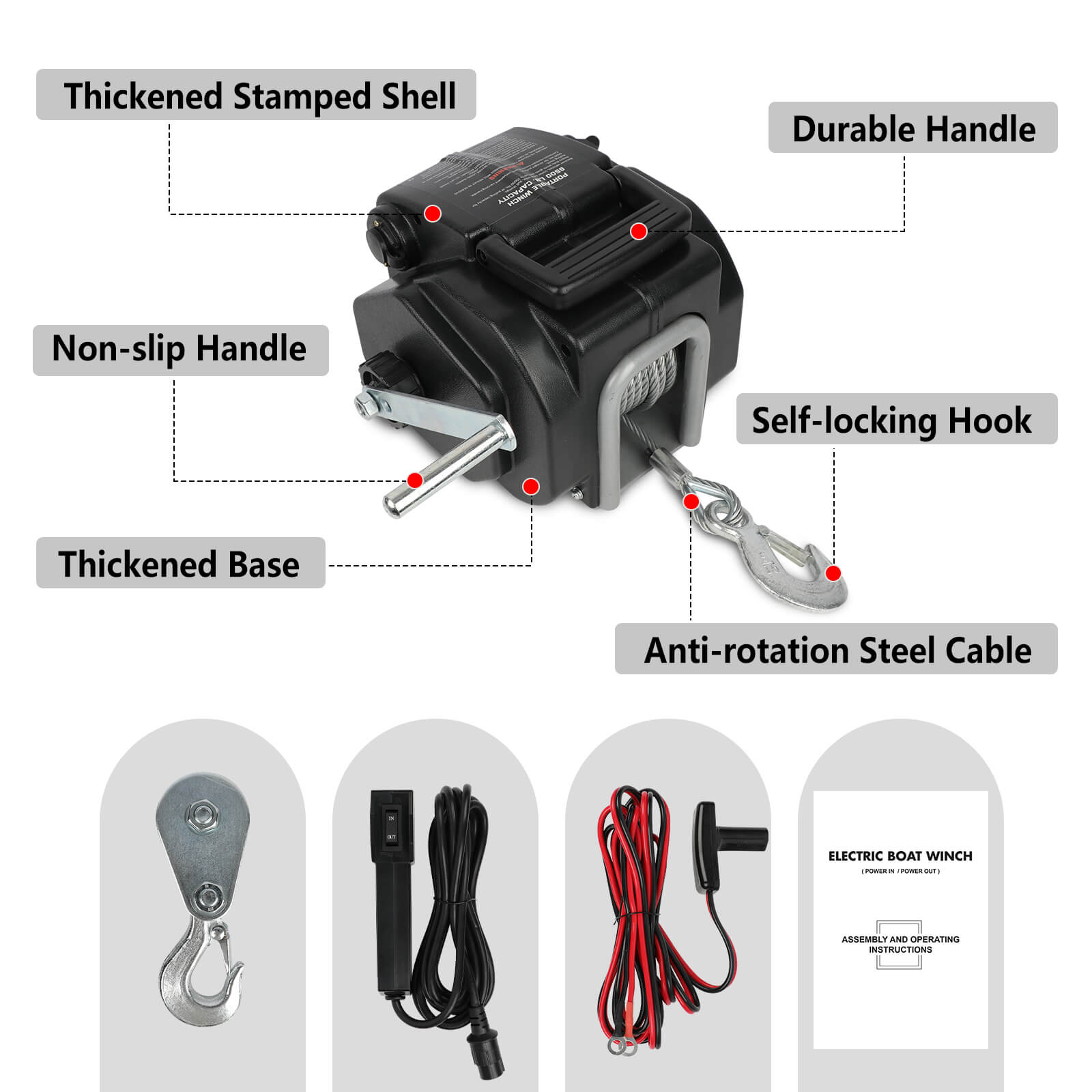 X-BULL Electric Boat Winch 12V 6500LBS Portable Detachable Steel Cable Marine Ship 3000KG 4WD 8