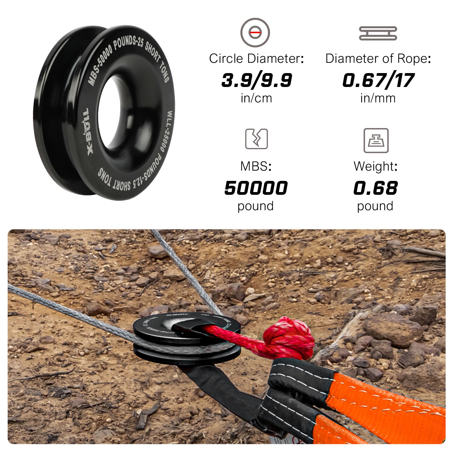 X-BULL Recovery Ring Soft Shackle Kit Snatch Block Pulley Rope Snatch Ring 4WD 3
