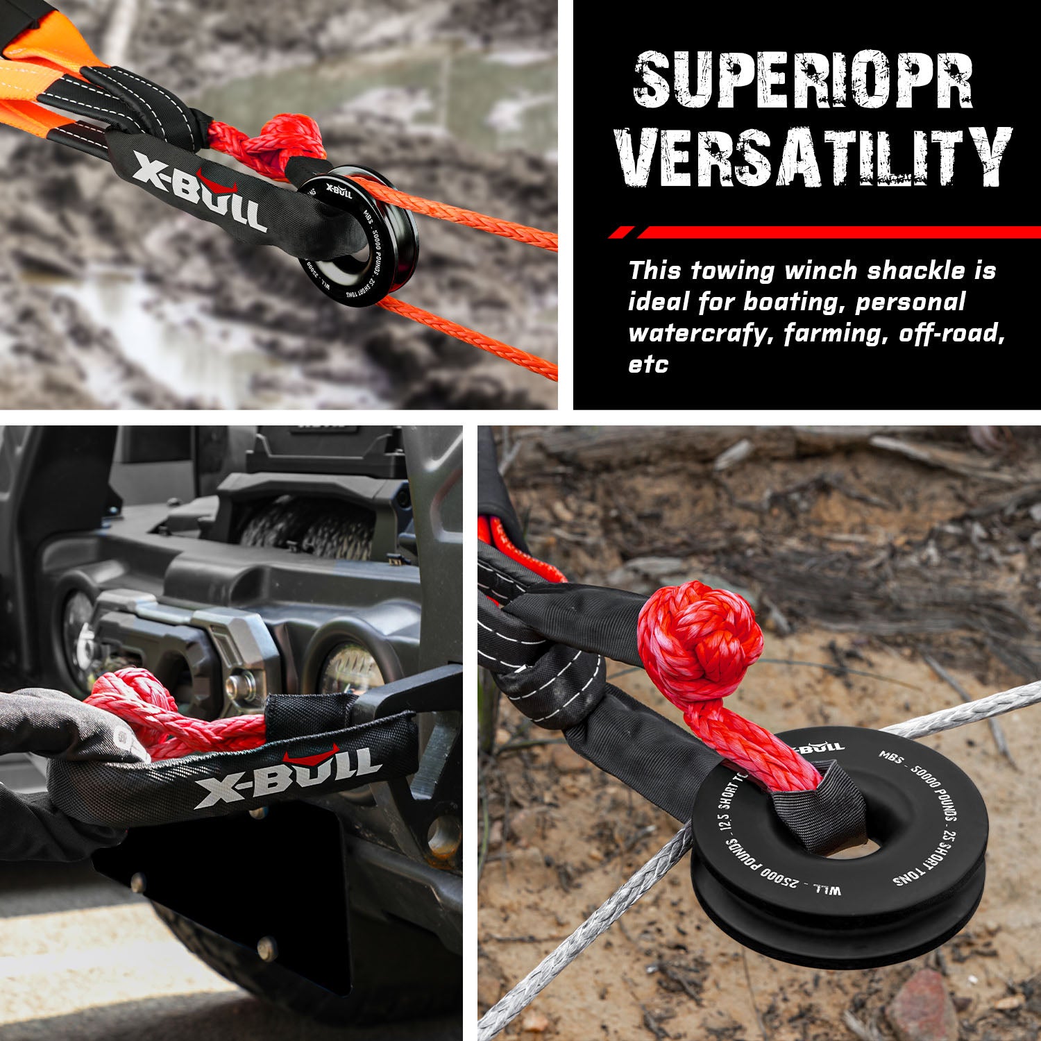 X-BULL Recovery Ring Soft Shackle Kit Snatch Block Pulley Rope Snatch Ring 4WD 4
