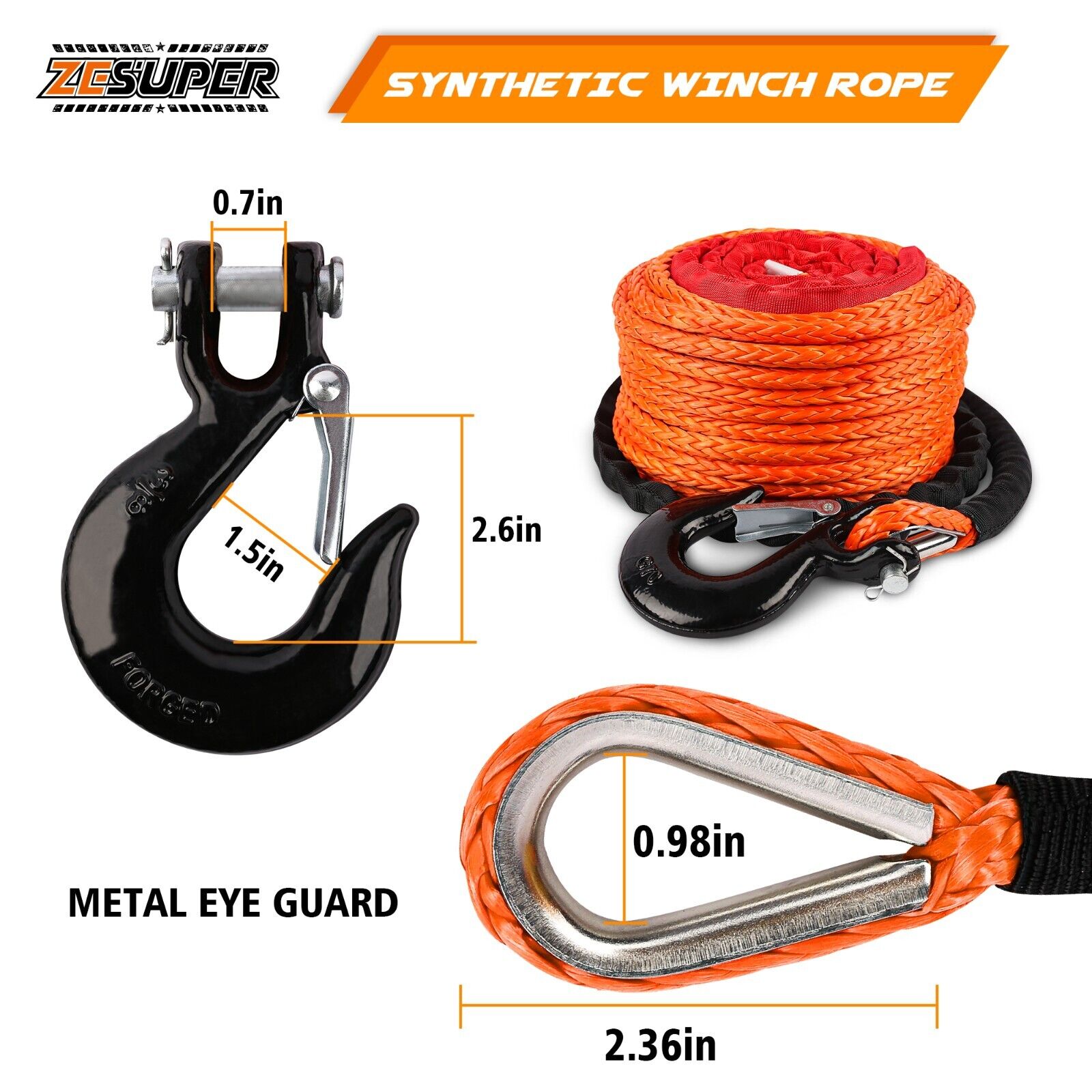 ZESUPER Winch Rope 9.5MM X 30M Dyneema SK75 Hook Synthetic Car Tow Recovery Cable Hook 3