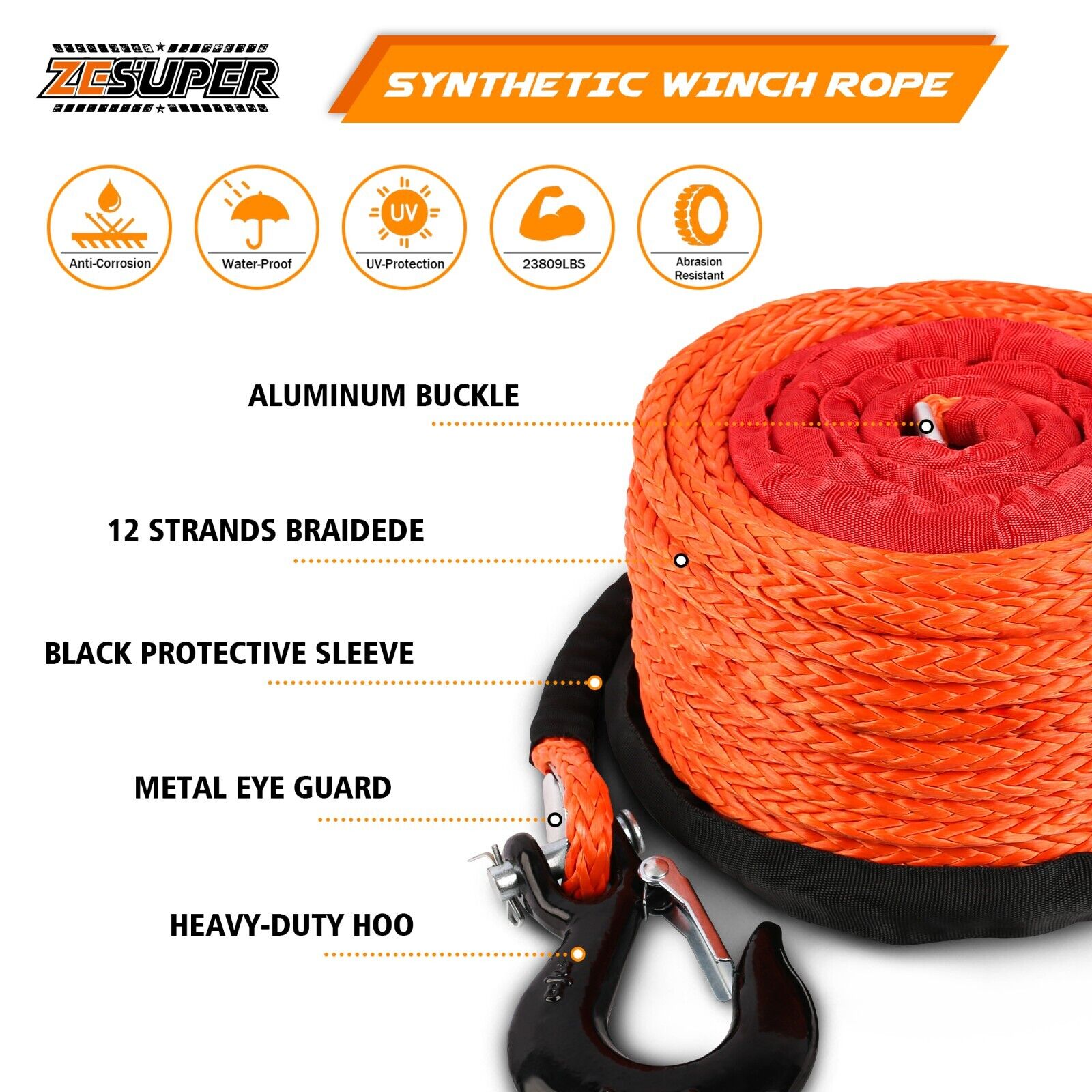 ZESUPER Winch Rope 9.5MM X 30M Dyneema SK75 Hook Synthetic Car Tow Recovery Cable Hook 5