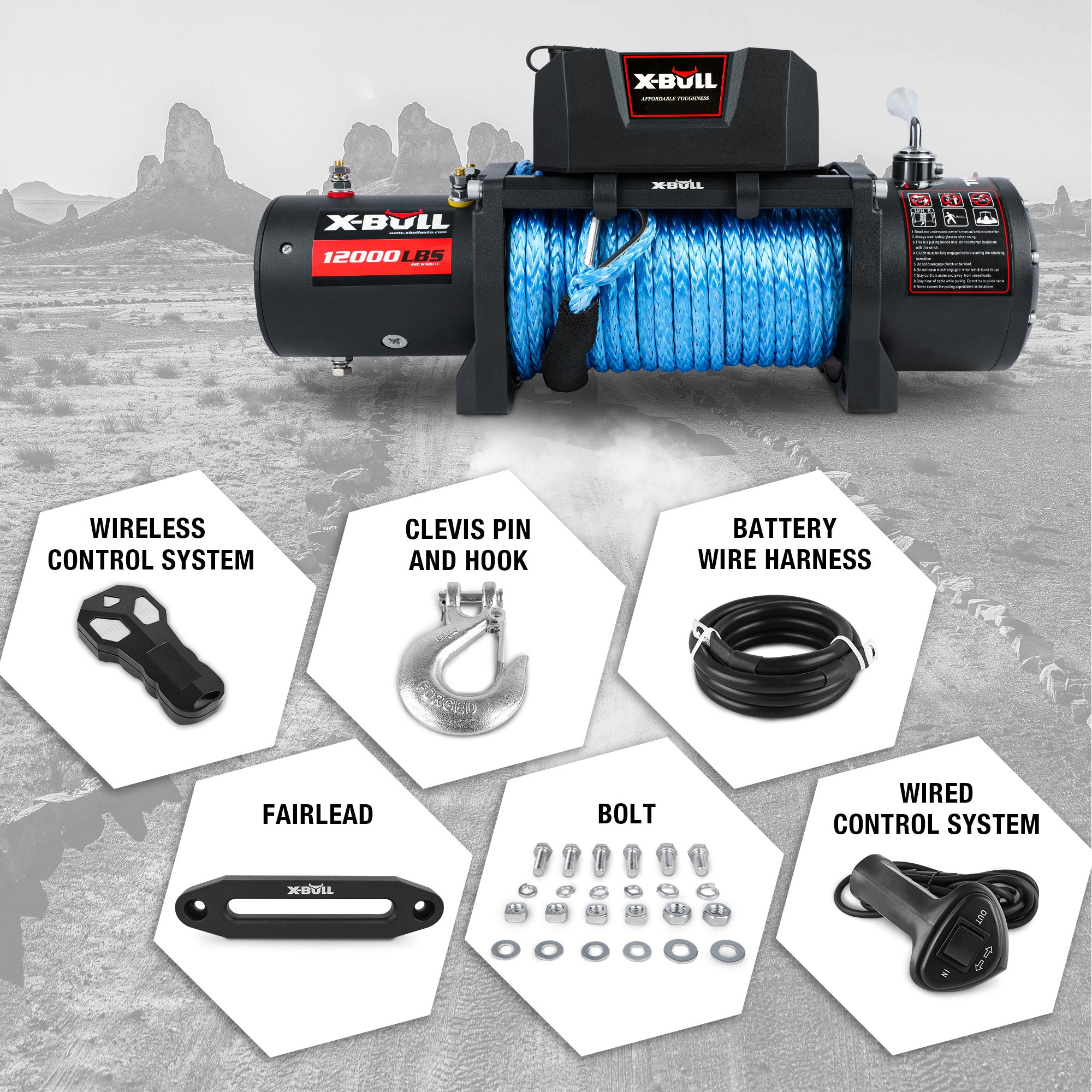 X-BULL Electric Winch 12V 12000LBS/5454kg 26M Synthetic Rope Wireless Remote 4WD 4X4 4